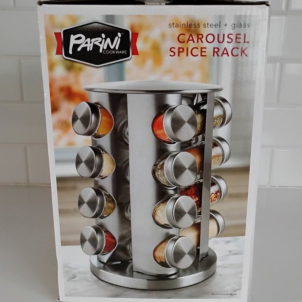 New In Box Parini Stainless Steel Carousel Spice Rack With 16 Glass Jars